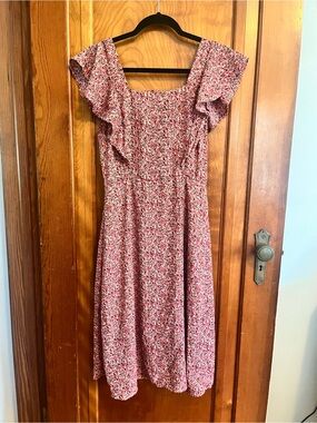 Monteau Pink Floral Square-Neck Midi Dress with Flutter Sleeves